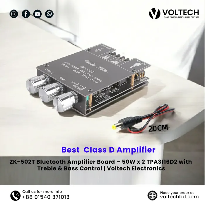 Wuzhi Audio ZK-502T + App Bluetooth Amplifier Board – 50W x 2, Treble & Bass Control | Voltech Electronics